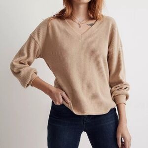 Madewell Waffle Knit V-Neck Long-Sleeve Sweater Toasted Sesame Size S